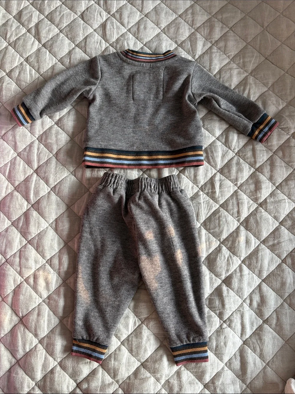 Kids Grey Matching Sweater Set with Multicolor Stripe Trim